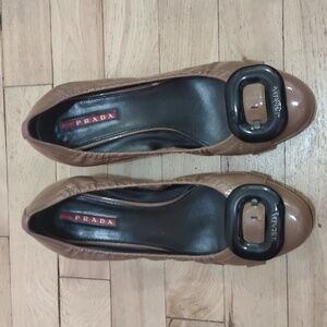 Prada Beige Patent  Leather Low Stacked Heel round Toe Loafers 38